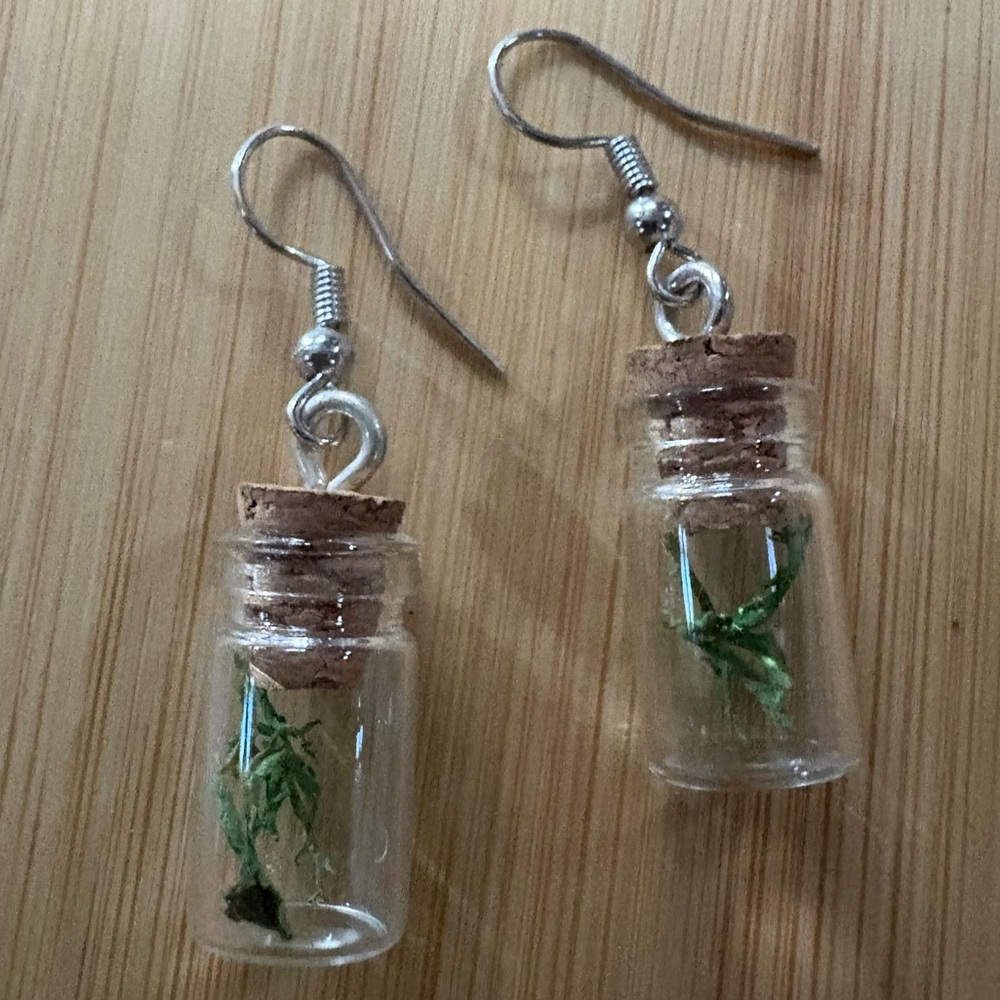 Keepsake Glass Bottle Earrings with Wolves Bane Moss